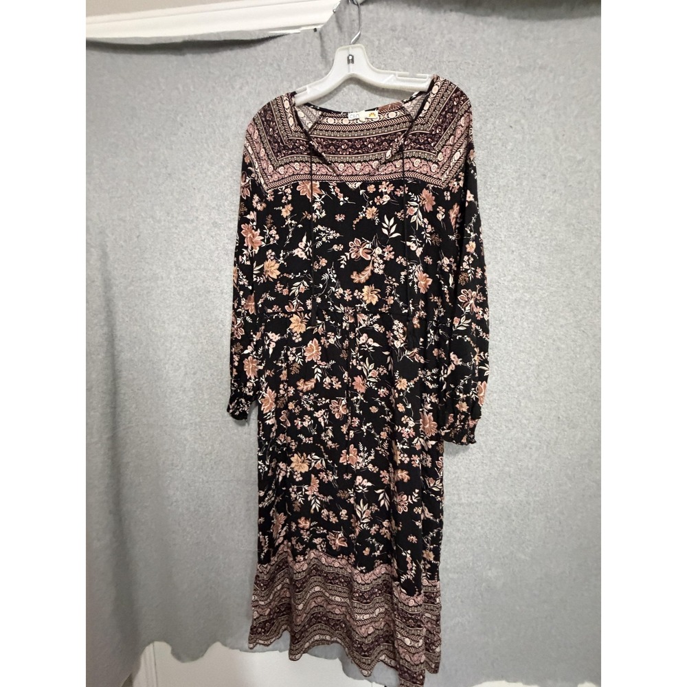 C&C‎ California Dress Womens M Black Floral Scoop Neck Long Sleeve Maxi Boho